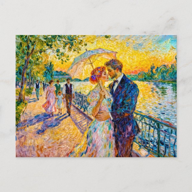 Impressionist Sunset Romance at Riverside Pathway Postcard (Front)