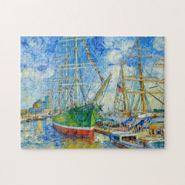 Impressionist Tall Ship in Hamburg Harbor with Ref Jigsaw Puzzle (Horizontal)