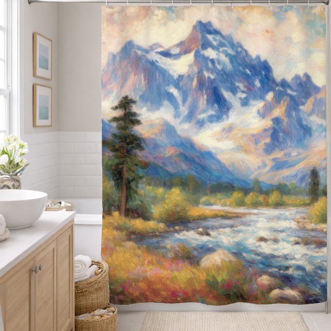 Impressionist Valley Mountain Trees Stream Shower Curtain (Creator Uploaded)