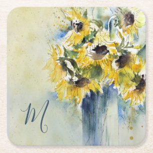 Impressionist Watercolor Sunflowers with Monogram Square Paper Coaster