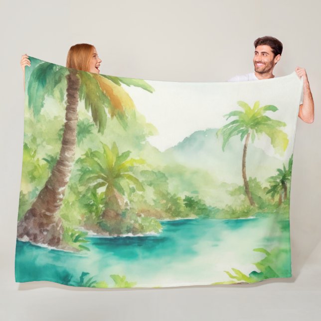 Impressionist Watercolor Tropical Island Scene Fleece Blanket (In Situ)