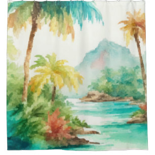 Impressionist Watercolor Tropical Island Scene Shower Curtain