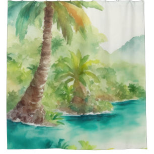 Impressionist Watercolor Tropical Island Scene Shower Curtain