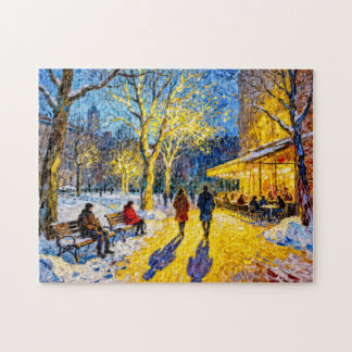 Impressionist Winter City Park Scene with Restaura Jigsaw Puzzle