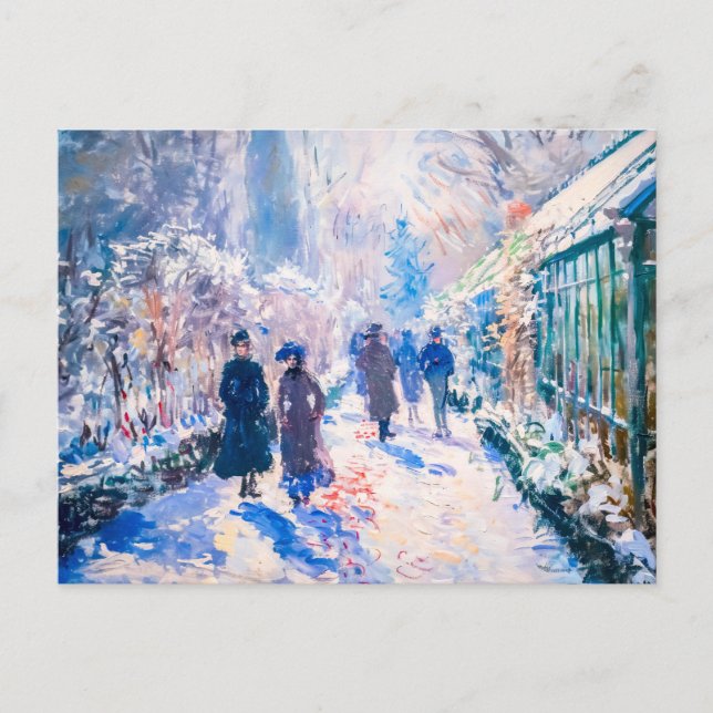 Impressionist winter garden with walkers holiday postcard (Front)