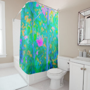 Impressionistic Blue Landscape with Pink Flower Shower Curtain