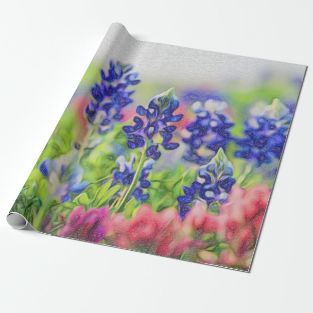 Impressionistic Bluebonnet on Linen Wrapping Paper (Unrolled)