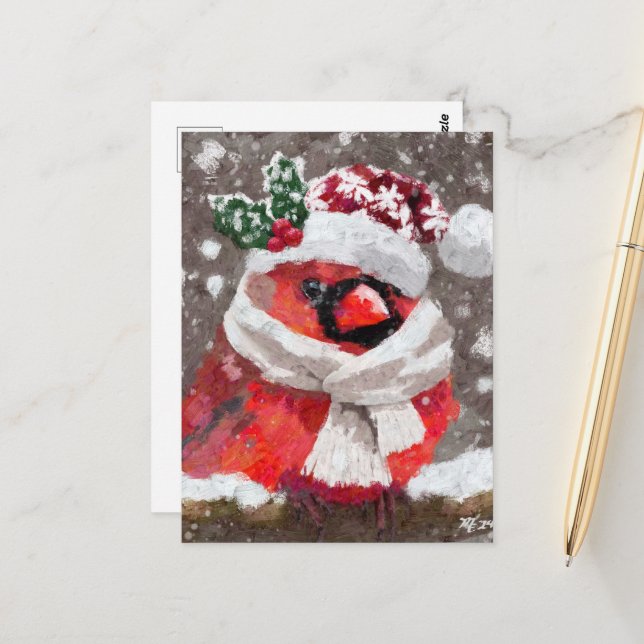 Impressionistic Cardinal Bird Scarf & Hat in Snow Postcard (Front/Back In Situ)