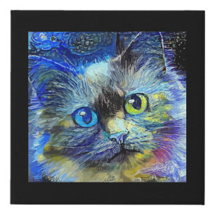 Impressionistic Cat Portrait Blue Yellow Black Faux Canvas Print