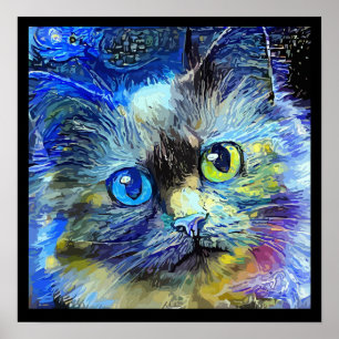 Impressionistic Cat Portrait Blue Yellow Black Poster