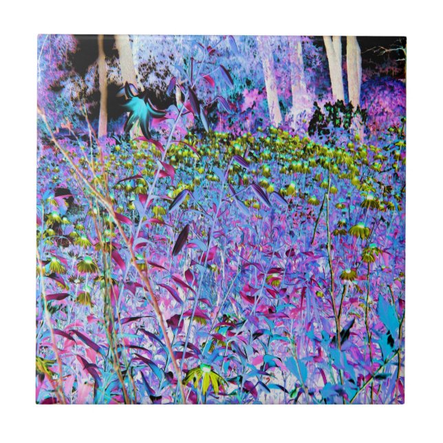 Impressionistic Chartreuse and Aqua Garden Flowers Ceramic Tile (Front)