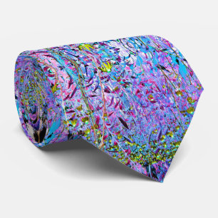 Impressionistic Chartreuse and Aqua Garden Flowers Neck Tie
