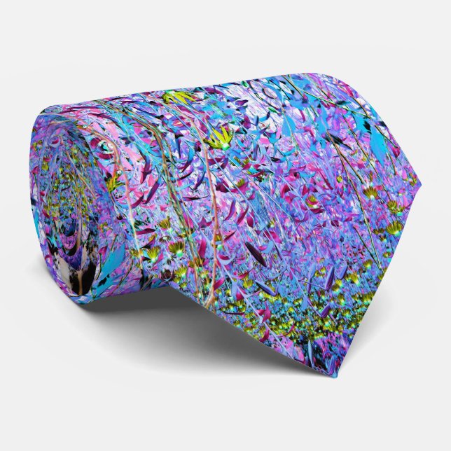 Impressionistic Chartreuse and Aqua Garden Flowers Neck Tie (Rolled)