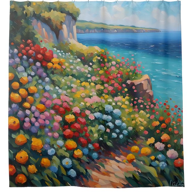 “Impressionistic Cliffside Flowers Overlooking Sea Shower Curtain (Front)
