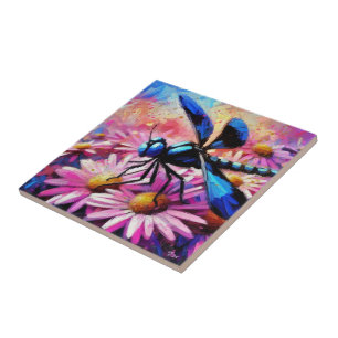 Impressionistic Dragonfly On Pink Daisies Floral Ceramic Tile
