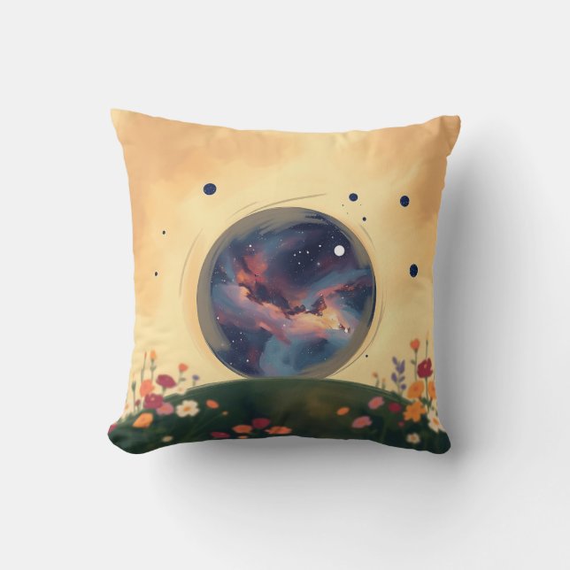 Impressionistic Galaxy with Blooming Garden Throw Pillow (Front)