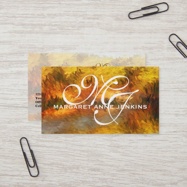 Impressionistic Golden Hues Monogrammed Business Card (Front/Back In Situ)