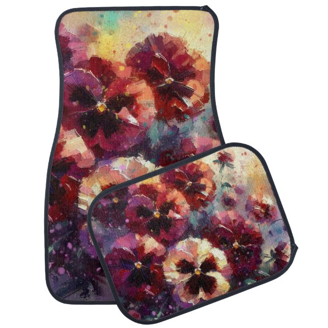 Impressionistic Maroon Pansies Floral Painting Car Floor Mat (Set)