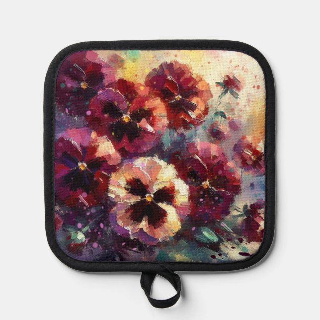 Impressionistic Maroon Pansies Floral Painting Pot Holder (Front)