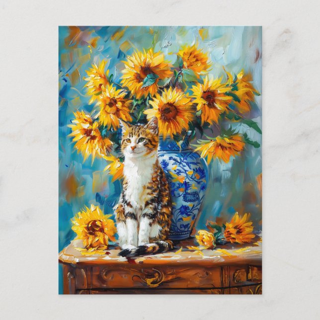 Impressionistic Oil Painting of Cat by Sunflower B Postcard (Front)