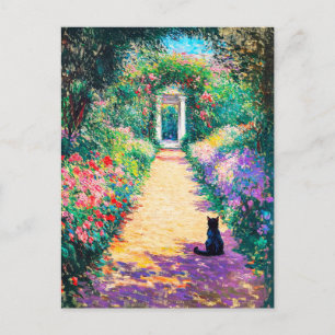 Impressionistic Oil Painting of Cat on Flower-Line Postcard