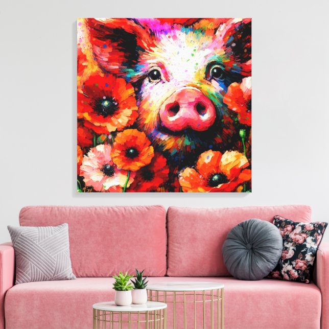 Impressionistic Pig in Red Poppy Flowers Canvas Print (Insitu(LivingRoom))