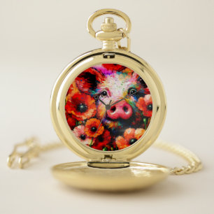 Impressionistic Pig in Red Poppy Flowers Pocket Watch