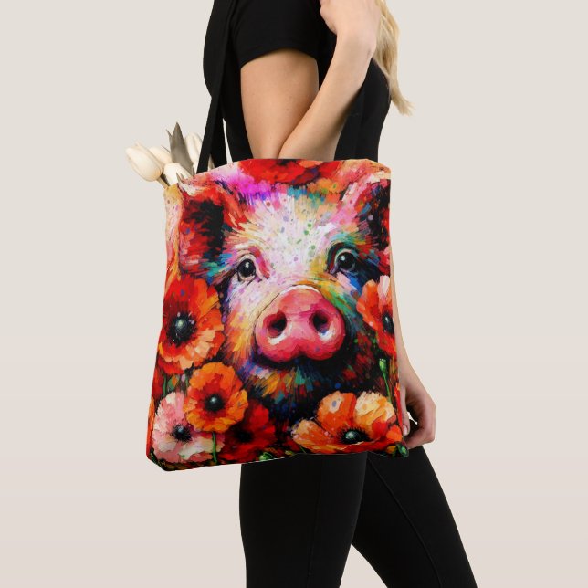 Impressionistic Pig in Red Poppy Flowers Tote Bag (Close Up)