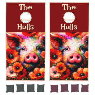 Impressionistic Pig Red Poppy Flowers Personalized Cornhole Set