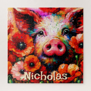 Impressionistic Pig Red Poppy Flowers Personalized Jigsaw Puzzle