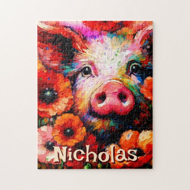 Impressionistic Pig Red Poppy Flowers Personalized Jigsaw Puzzle (Vertical)
