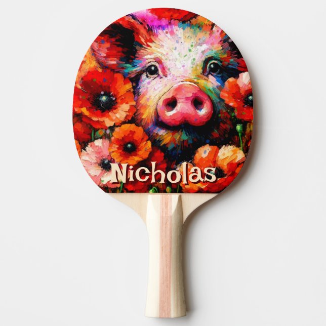 Impressionistic Pig Red Poppy Flowers Personalized Ping Pong Paddle (Front)
