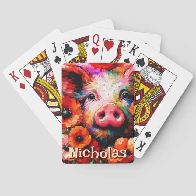 Impressionistic Pig Red Poppy Flowers Personalized Poker Cards (Back)