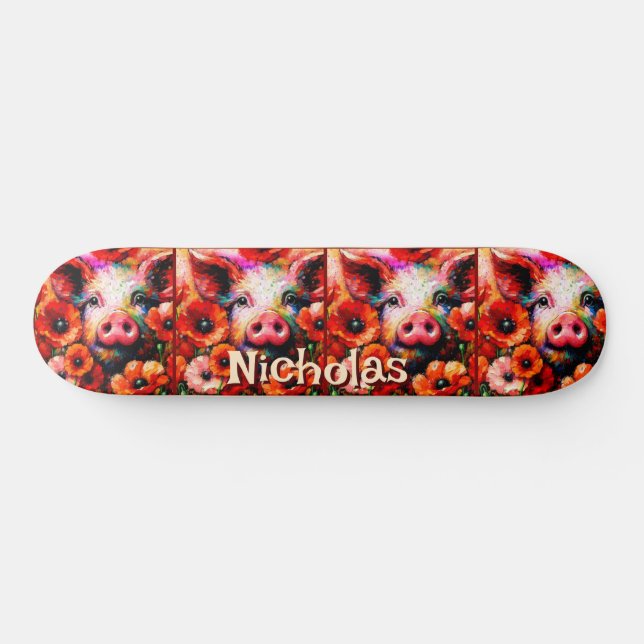 Impressionistic Pig Red Poppy Flowers Personalized Skateboard (Horz)