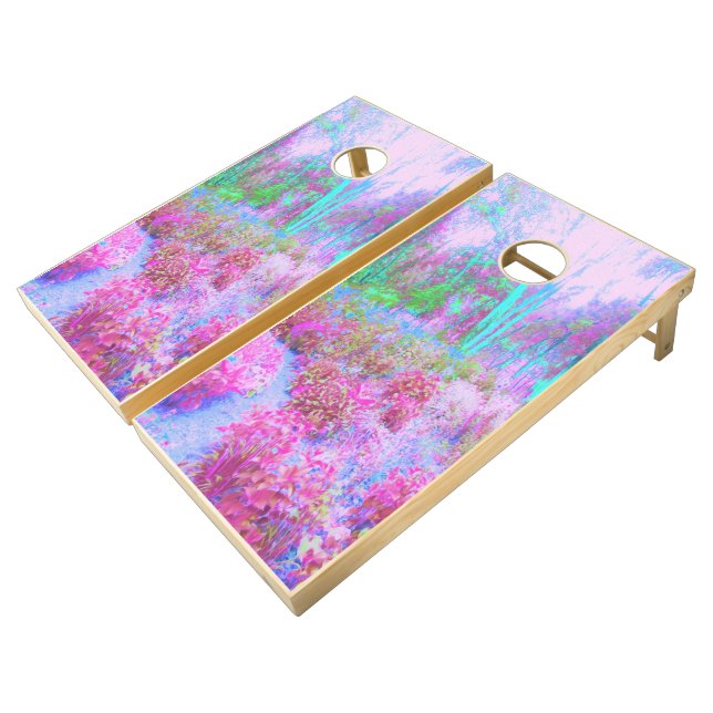 Impressionistic Pink and Turquoise Abstract Garden Cornhole Set (Angled)