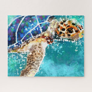 Impressionistic Sea Turtle Tropical Nautical Teal Jigsaw Puzzle