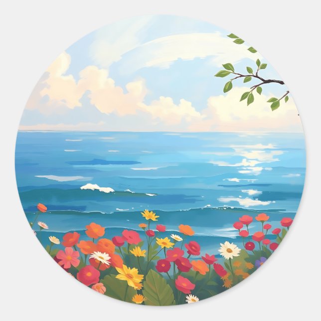 Impressionistic Seascape with Blooming Garden Classic Round Sticker (Front)