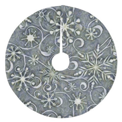 Impressionistic Silver White Dancing Snowflakes Fleece Tree Skirt