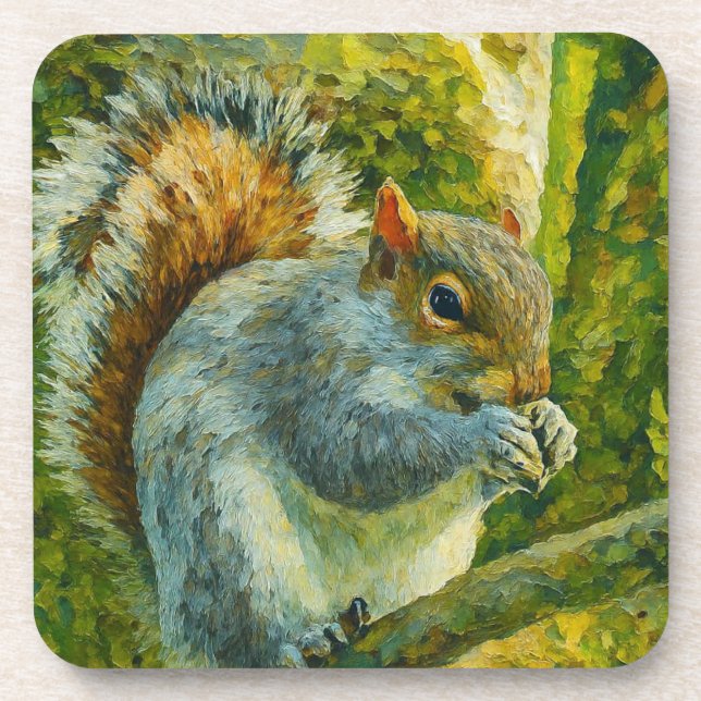 Impressionistic Squirrel in Forest Foliage Beverage Coaster (Front)