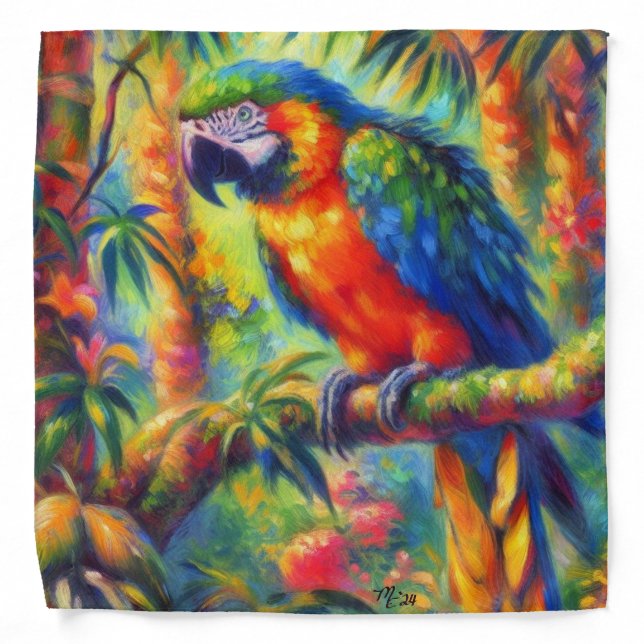 Impressionistic Tropical Parrot Bird Blue Green Bandana (Front)