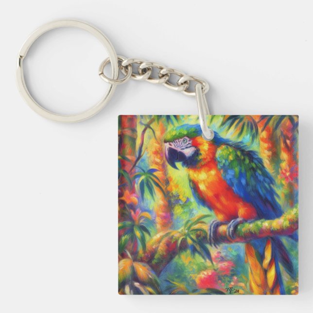 Impressionistic Tropical Parrot Bird Blue Green Keychain (Front)