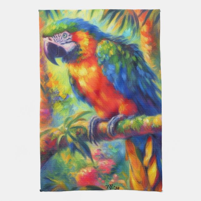 Impressionistic Tropical Parrot Bird Blue Green Kitchen Towel (Vertical)