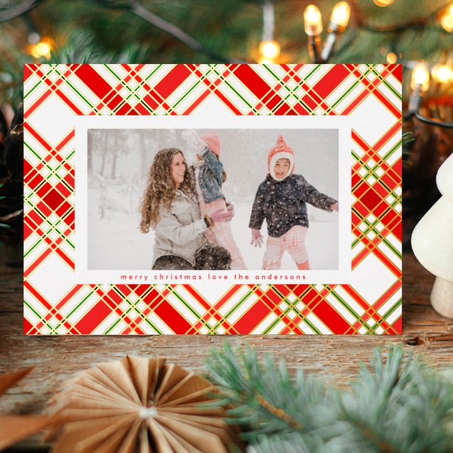 Impressive Gold Lines Christmas Plaid Photo Frame Foil Holiday Card (Creator Uploaded)