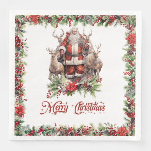 Impressive illustration Santa with his reindeer Paper Dinner Napkins