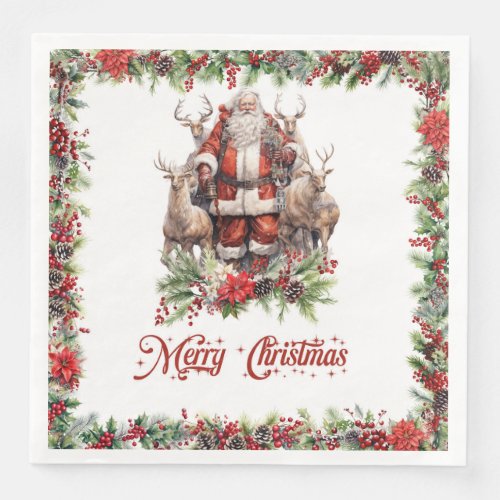 Impressive illustration Santa with his reindeer Paper Dinner Napkins