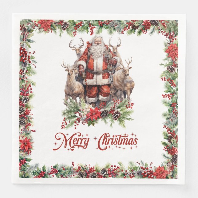 Impressive illustration Santa with his reindeer Paper Dinner Napkins (Front)