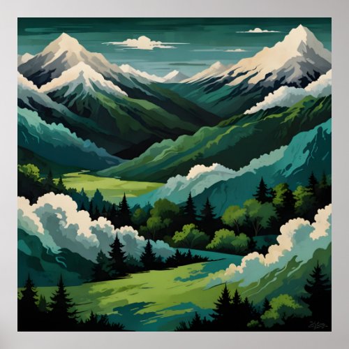 Impressive Landscape of Mountains Trees and Sky  Poster