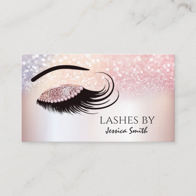 Impressive rose gold diamond glittery makeup eye business card (Front)