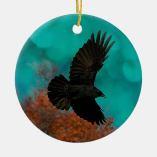 In A Aqua Blue Sky The Crow Flies Ceramic Ornament