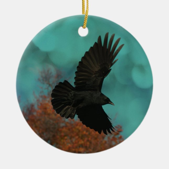 In A Aqua Blue Sky The Crow Flies Ceramic Ornament (Front)